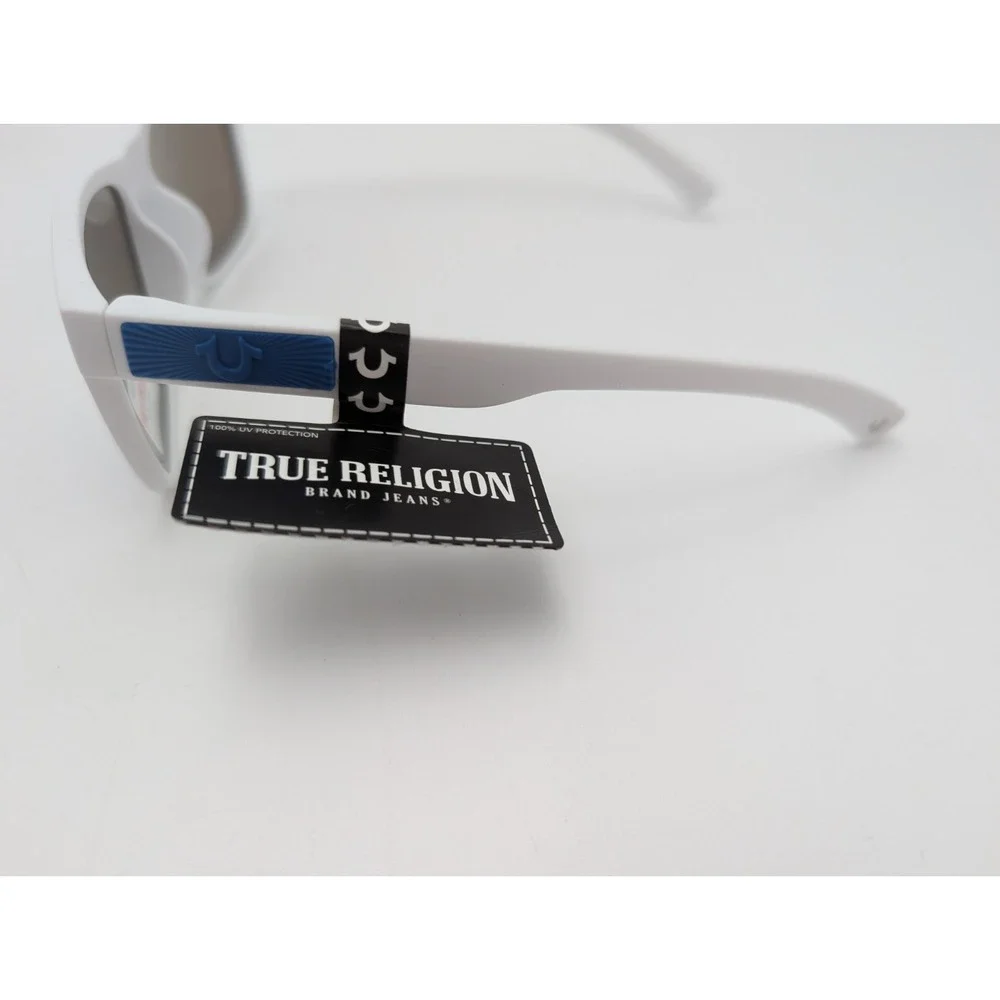 True Religion Men's White Sunglasses with Blue Mirrored‎ Lenses Logo NWT